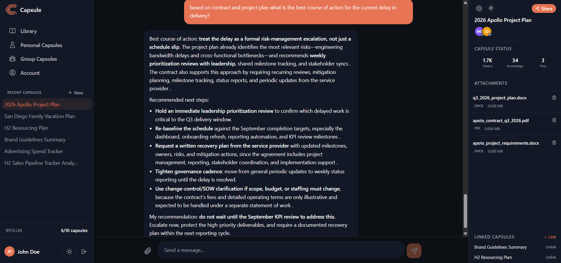 Capxule AI information management workspace — team chat with shared context, attachments, and linked capsules