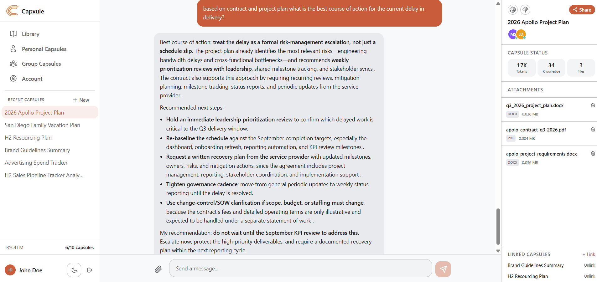 Capxule AI information management workspace — team chat with shared context, attachments, and linked capsules